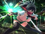 1girl architecture armor asuka_(senran_kagura) bandages black_hair black_thighhighs breasts brown_eyes dual_wielding east_asian_architecture falling_leaves forest full_moon game_asset green_necktie hair_ribbon holding japanese_armor kote lantern large_breasts leaf leaning_forward looking_at_viewer mask moon nature necktie night ninja official_art outdoors plaid_clothes plaid_skirt ponytail red_scarf ribbon scarf scarf_over_mouth senran_kagura senran_kagura_new_link sheath shirt short_hair short_ponytail shrine skirt sky solo star_(sky) starry_sky sweater_vest sword thighhighs torii tree vest wakizashi weapon white_ribbon white_shirt wooden_lantern 