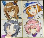 4girls :d ^_^ absurdres admire_vega_(starry_nocturne)_(umamusume) admire_vega_(umamusume) aemeath_(wuthering_waves) aemeath_(young)_(wuthering_waves) ahoge akikawa_yayoi's_cat akikawa_yayoi_(umamusume) animal_ears animal_on_head black_hair blue_ribbon bow brown_hair cat closed_eyes commentary ear_covers facial_hair fang flower folding_fan fuji_kiseki_(umamusume) hair_bow hair_ornament hairband hand_fan hat hat_flower hat_ribbon highres horse_ears horse_girl long_hair looking_at_viewer multicolored_hair multiple_girls on_head open_mouth orange_eyes orange_hair pink_hair portrait ribbon shikishi short_hair single_ear_cover smile star-shaped_pupils star_(symbol) streaked_hair symbol-shaped_pupils takiki traditional_media two-tone_hair umamusume white_bow white_hair white_hairband white_hat white_streaks wuthering_waves 