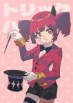 :3 black_bow black_bowtie black_ribbon black_shorts blazer blunt_bangs bow bowtie buttons collared_shirt drill_hair egh_(ssquan) facial_mark gloves hat heart heart_facial_mark highres holding holding_unworn_clothes holding_unworn_hat holding_wand jacket kasane_teto patterned_background pink_background red_eyes red_hair red_jacket ribbon shirt shorts song_name star_(symbol) synthesizer_v top_hat trick_heart_(synthesizer_v) twin_drills two-tone_ribbon unworn_hat unworn_headwear utau wand white_gloves white_ribbon white_shirt 