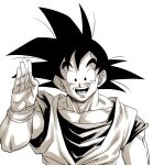  1boy amayuki318 arm_up black_hair collarbone commentary_request dougi dragon_ball highres large_pectorals lineart looking_at_viewer male_focus monochrome muscular muscular_male pectorals raised_eyebrows simple_background smile son_goku teeth upper_body white_background wristband 
