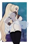  1girl absurdres ass braid braided_base breasts colored_skin commentary elizabeth_(wight) english_commentary english_text grey_skin highres large_breasts long_hair monster_girl_encyclopedia nipples original ponytail ponytail_with_braided_base purple_lips red_eyes ribbed_sweater solo sweater undead very_long_hair white_skin wight_(monster_girl_encyclopedia) 