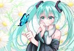  1girl absurdres aqua_eyes aqua_hair aqua_necktie aqua_trim artist_name bare_shoulders black_sleeves blue_butterfly bug butterfly clenched_teeth closed_eyes collared_shirt commentary daisy_(flower) detached_sleeves dot_nose flower frilled_shirt_collar frills grey_shirt hands_up hatsune_miku highres index_finger_raised iroha_318 long_hair looking_at_animal necktie number_tattoo shirt shoulder_tattoo sleeveless sleeveless_shirt smile solo split_mouth tattoo teeth twintails upper_body very_long_hair vocaloid white_flower wide_sleeves 