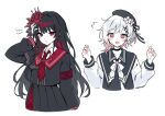  2girls armband beret black_capelet black_choker black_coat black_hair black_hat black_shirt black_skirt capelet choker coat collared_coat collared_shirt cropped_torso crown fang flower gloves gradient_hair hair_flower hair_ornament hat hat_flower hat_ribbon highres kheng_(k_heng1223) layered_skirt long_hair long_sleeves looking_at_viewer mahou_shoujo_no_majo_saiban mini_crown multicolored_hair multiple_girls neck_ribbon necktie nikaido_hiro open_mouth overskirt pink_eyes pink_hair pleated_skirt red_armband red_eyes red_flower red_necktie red_skirt ribbon sakuraba_ema shirt short_hair side_capelet simple_background skin_fang skirt sleeveless sleeveless_coat upper_body white_background white_flower white_gloves white_hair white_ribbon white_shirt white_sleeves x_hair_ornament 