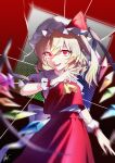  1girl ascot back_bow blonde_hair bluerhozu bow collared_shirt crystal crystal_wings fang flandre_scarlet frilled_shirt_collar frilled_wrist_cuffs frills hat hat_ribbon highres looking_at_viewer mob_cap multicolored_wings one_side_up open_mouth puffy_short_sleeves puffy_sleeves red_eyes red_skirt red_vest red_wrist_cuffs ribbon shirt short_sleeves signature skin_fang skirt skirt_set smile solo touhou vest white_bow white_hat white_shirt wings wrist_cuffs yellow_ascot 