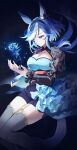  1girl admire_groove_(glacial_queen)_(umamusume) admire_groove_(umamusume) animal_ears blue_dress blue_eyes blue_flower blue_hair breasts cleavage closed_mouth commentary_request detached_sleeves dress ear_covers flower garter_straps grey_thighhighs hairband highres horse_ears horse_girl large_breasts metaninjin mole mole_under_mouth multicolored_hair necktie purple_eyes red_necktie see-through_clothes see-through_sleeves short_hair_with_long_locks short_necktie solo streaked_hair thighhighs umamusume white_hair white_streaks 