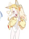  1girl absurdres alternate_costume animal_ears blonde_hair blue_archive blush casual_one-piece_swimsuit condom fox_ears halo hat heart highres holding holding_condom jacket long_hair looking_at_viewer mamyu_040 one-piece_swimsuit seia_(blue_archive) seia_(swimsuit)_(blue_archive) side_ponytail simple_background solo swimsuit tongue v visor_cap white_background white_one-piece_swimsuit yellow_eyes yellow_hat yellow_jacket 