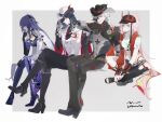  2boys 2girls acheron_(honkai:_star_rail) arm_warmers ashveil_(honkai:_star_rail) badge baseball_cap black_hair boothill_(honkai:_star_rail) boots bracelet breasts cai_caimu cleavage commentary_request cowboy_hat crescent crescent_pin cropped_jacket cropped_shirt crossed_legs cyborg fake_horns fedora full_body galaxy_rangers_(honkai:_star_rail) gloves gradient_hair hair_ornament hat high_heel_boots high_heels highres honkai:_star_rail honkai_(series) horns jacket jewelry long_hair looking_at_viewer midriff multicolored_hair multiple_boys multiple_girls open_clothes open_jacket pants pink_hair prosthesis prosthetic_arm purple_hair rappa_(honkai:_star_rail) simple_background sitting strap streaked_hair very_long_hair white_hair 