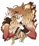  1girl ahoge animal_ears brown_hair burning_as_one_(umamusume) coat commentary_request cropped_shoulders epaulettes green_ribbon hair_between_eyes hair_ornament hairclip highres holding holding_microphone horse_ears horse_girl jungle_pocket_(umamusume) long_sleeves looking_at_viewer microphone notched_ear open_mouth red_coat ribbon smile solo teeth umamusume upper_teeth_only yellow_eyes yue_(lov_n_n) 
