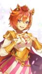  1girl absurdres animal_ears armor blush breasts cape crown fingerless_gloves four-finger_heart_hands gloves gold_corset hair_between_eyes heart heart_hands highres horse_ears horse_girl horse_tail jewelry long_sleeves looking_at_viewer mini_crown multiple_rings open_mouth orange_hair orange_tail pink_cape pink_crown purple_eyes ring shirt short_hair shoulder_armor single_fingerless_glove skirt smile solo t.m._opera_o_(o_sole_suo!)_(umamusume) t.m._opera_o_(umamusume) tail teeth toryo_(yukhop_961) two-tone_skirt umamusume upper_teeth_only white_shirt 