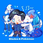  >_< 1boy 2786867956wuyu alcremie alcremie_(berry_sweet) animification black_hair blue_background blue_eyes chibi chien-pao chinese_commentary commentary crossover curtained_hair full_body hand_up highres holding holding_microphone kamen_rider kamen_rider_saber_(series) long_sleeves looking_at_viewer microphone musical_note one_eye_closed open_mouth pokemon pokemon_(creature) primarina shindo_rintaro short_hair simple_background standing starfish 