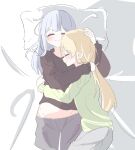  2girls bed black_shorts black_sweater blonde_hair blue_hair closed_eyes closed_mouth cowboy_shot green_sweater grey_pants highres hug long_hair mahou_shoujo_no_majo_saiban march_23th medium_hair midriff multiple_girls on_bed pants pillow shorts sleeping smile sweater tachibana_sherry tono_hanna yuri 