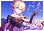  1boy aether_(genshin_impact) ahoge black_gloves black_shirt blonde_hair braid brown_shirt commentary_request constellation cowboy_shot earrings elbow_gloves floating_hair genshin_impact gloves hair_between_eyes hand_up jewelry long_hair male_focus midriff navel outdoors parted_lips revision scarf shirt short_sleeves sidelocks signature single_braid single_earring solo standing tachibana_chimaki white_scarf yellow_eyes 