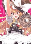  1girl apron back_bow black_hat black_vest blonde_hair bow braid commentary_request hair_bow haruki_reimari hat hat_bow highres kirisame_marisa long_hair looking_at_viewer mini-hakkero open_mouth side_braid single_braid smile solo star_(symbol) touhou very_long_hair vest waist_apron white_apron white_bow witch_hat yellow_eyes yin_yang 