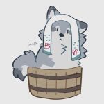  :< absurdres animal_focus closed_mouth commentary grey_background highres looking_at_viewer no_humans original rinrinwolf signature simple_background towel towel_on_head wolf 