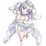  1girl armor blue_eyes breasts bridal_lingerie bridal_veil bride dolphin_wave dress full_body game_asset gloves high_heels highres lifting_own_clothes lingerie long_hair looking_at_viewer non-web_source nontraditional_wedding_dress official_alternate_costume official_alternate_hairstyle official_art ootomo_takuji open_mouth purple_hair schnee_weissberg self-datamine small_breasts smile solo transparent_background underwear veil wavy_hair wedding_dress white_gloves 