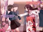  2boys 4girls black_hair black_skirt blazer blush flower fukuroi_marika grey_skirt hair_ornament highres himekawa_koyuki holding_another's_arm jacket lab_coat long_hair mahou_shoujo_ikusei_keikaku mahou_shoujo_ikusei_keikaku_jokers mariko_fukuroi maruino multiple_boys multiple_girls novel_illustration official_art open_mouth pink_flower pleated_skirt purple_flower school_uniform shirt short_hair skirt snow_white_(mahoiku) spoilers third-party_source 