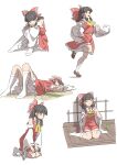  1girl armpits ascot bloomers bow brown_eyes brown_hair brown_shoes chest_sarashi closed_eyes closed_mouth commentary_request cup detached_sleeves eating food frilled_bow frilled_hair_tubes frills gyouza_(mhea5724) hair_bow hair_tubes hakurei_reimu highres kneehighs kneeling leg_up long_hair looking_at_viewer lying mary_janes mochi multiple_views on_back open_mouth red_bow red_skirt ribbon-trimmed_sleeves ribbon_trim sakura_mochi sarashi shoes shouji sitting skirt skirt_set sleeping sliding_doors socks standing standing_on_one_leg tatami touhou wagashi white_bloomers white_socks yellow_ascot yunomi 