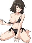  1girl alternate_costume barefoot between_legs bikini black_bikini blush breasts brown_hair cleavage collarbone commentary crossed_bangs dot_nose full_body hair_between_eyes hand_between_own_legs hand_up highres jitome looking_at_viewer medium_breasts medium_hair navel nipples open_mouth pulling_own_clothes red_eyes shameimaru_aya side-tie_bikini_bottom simple_background sitting solo swimsuit tongue tongue_out touhou variant_set wariza wavy_mouth white_background yuuka_(a0240765) 