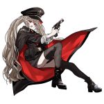  1girl :d audrey_twilight belt belt_pouch black_cloak black_jacket black_shoes black_skirt black_thighhighs brown_hair call_of_cthulhu chibi cloak commentary_request full_body gun hat high_heels highres holding holding_gun holding_weapon jacket long_hair long_sleeves looking_ahead military_hat military_uniform miniskirt necktie open_mouth original peaked_cap pouch red_cloak red_eyes red_necktie revolver shoes skirt smile solo thick_eyebrows thighhighs tiipull tongue tongue_out twintails two-tone_cloak very_long_hair via_victim_of_diarchy watermark weapon white_background zettai_ryouiki 