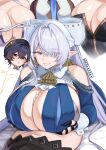  5girls absurdres ascot aurelia_academy_school_uniform bare_shoulders belle_(brilliance_of_stars)_(zenless_zone_zero) belle_(zenless_zone_zero) black_hat blue_hair breasts cleavage clothing_cutout commentary cum dress earrings eldreda_sunbringer english_commentary erotanuki futa_with_female futanari green_eyes grey_hair hair_between_eyes hair_over_one_eye hat highres huge_breasts jewelry long_hair looking_at_another lying mole mole_on_breast mole_under_mouth multiple_girls navel official_alternate_costume on_back on_bed paizuri pointy_ears purple_eyes remielle_dan school_uniform short_hair shoulder_cutout sigrid_de_l'azur simple_background smile velina_airgid white_background yellow_ascot zenless_zone_zero 
