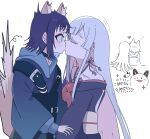  >_< 2girls 8000yachiyo animal_ear_fluff animal_ears back_cutout blue_hair blue_kimono blush cho_kaguya-hime! closed_eyes clothing_cutout fox_ears fox_tail fushi_(cho_kaguya-hime!) green_eyes halterneck heart japanese_clothes kimono kiss long_hair long_sleeves multicolored_hair multiple_girls pink_hair purple_hair purple_kimono runami_yachiyo runami_yachiyo_(tsukuyomi) sakayori_iroha sakayori_iroha_(tsukuyomi) short_hair simple_background surprise_kiss surprised tail translation_request two-tone_hair white_background white_hair yuri 