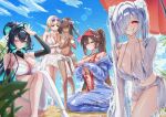  5girls animal_costume animal_hood aqua_hair bare_shoulders barefoot beach bikini bird bird_costume black_hair black_sleeves blonde_hair blue_sky blush bow bracelet breasts brown-tinted_eyewear brown_eyes brown_hair cinderella_(crystal_wave)_(nikke) cinderella_(nikke) cleavage closed_mouth clothes_around_waist cloud collarbone colored_inner_hair commentary_request dark-skinned_female dark_skin dazzling_pearl_(nikke) detached_sleeves eyepatch_bikini eyewear_on_head flower full_body goddess_of_victory:_nikke grey_sarong hair_bow hair_flower hair_intakes hair_ornament hair_over_one_eye highres hood huge_breasts jewelry large_breasts lifeguard little_mermaid_(nikke) little_mermaid_(shell_princess)_(nikke) long_hair looking_at_viewer marciana_(marine_study)_(nikke) marciana_(nikke) multicolored_hair multiple_girls naga_(nikke) naga_(ring_ensemble)_(nikke) navel navel_piercing necklace necklace_between_breasts o-ring o-ring_bikini o-ring_slingshot_swimsuit ocean official_alternate_costume official_alternate_hairstyle one_eye_closed open_onesie outdoors parted_lips penguin penguin_costume penguin_hood piercing purple-tinted_eyewear red_eyes red_slingshot_swimsuit red_visor_cap sand_on_skin sarong shirt shupita single_thighhigh sitting sky slingshot_swimsuit smile standing standing_on_one_leg stomach sunglasses swimsuit thighhighs tia_(nikke) tia_(sea_lizzie)_(nikke) tied_shirt tinted_eyewear tongue tongue_out twintails umbrella very_long_hair visor_cap water white_bikini white_bow white_hair white_sarong white_thighhighs yellow_eyes 