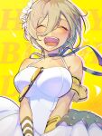  1girl ayataka_syumimi bare_shoulders breasts brown_hair closed_eyes collarbone commentary detached_sleeves dress earrings flower girls_band_cry hair_between_eyes hair_flower hair_ornament happy_birthday highres jewelry large_breasts long_hair_between_eyes mole mole_under_eye open_mouth rupa_(girls_band_cry) solo unworn_eyewear white_dress 