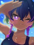  1girl aogiri_shinobu aoi_azusa blue_hair blue_one-piece_swimsuit braid close-up closed_mouth commentary_request crossed_bangs dark-skinned_female dark_skin dragon_musume_ni_naritakunai! duel_masters green_hair hair_between_eyes highres multicolored_hair one-piece_swimsuit one_eye_closed pink_hair purple_eyes salute side_braids smile solo sweatdrop swimsuit upper_body 