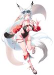  1girl absurdres animal_ear_fluff animal_ears bag bare_shoulders black_bag black_one-piece_swimsuit black_sandals breasts commentary detached_sleeves earrings eyewear_on_head fingernails fox_ears fox_girl fox_shadow_puppet fox_tail full_body hair_ornament hand_up handbag highleg highleg_one-piece_swimsuit highres holding holding_bag hsin_(wuthering_waves) jewelry ki_rin_9 large_breasts long_fingernails long_hair looking_at_viewer nail_polish one-piece_swimsuit open_mouth orange_eyes red_nails revision sandals single_hair_intake skindentation smile solo standing standing_on_one_leg sunglasses swimsuit tail thighlet toes untranslatable_commentary wuthering_waves 