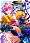  2girls absurdres aqua_hair artist_logo black_hairband black_hat commentary_request crossed_bangs disembodied_linked_eye frilled_sleeves frills hair_between_eyes hairband hat highres hug hug_from_behind komeiji_koishi komeiji_satori logo looking_at_viewer lyna_(lyna0924) multiple_girls open_mouth pink_eyes pink_hair shirt short_hair siblings sisters sleeves_past_fingers sleeves_past_wrists soles third_eye toeless_legwear touhou yellow_shirt 