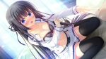  1girl back_bow black_hair black_ribbon black_thighhighs blue_eyes blush bow bowtie bra breasts buttons cleavage clothes_pull collarbone da_capo da_capo_iv day double-breasted dutch_angle game_asset hair_ribbon hand_on_own_arm hands_up highres indoors lapels large_breasts long_hair long_sleeves looking_at_viewer miniskirt navel non-web_source nose_blush official_art on_bed open_clothes open_mouth open_shirt panties pillow pleated_skirt purple_bow ribbon sailor_collar sailor_shirt school_uniform serafuku shirt sitting skirt skirt_pull surprised takano_yuki_(allegro_mistic) thigh_gap thighhighs tokisaka_nino underwear very_long_hair wariza white_sailor_collar white_shirt white_skirt wide-eyed 