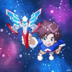  1boy absurdres arm_up artist_name blue_background blue_eyes blue_shirt broadcaster_connection brown_shorts clenched_hand commentary d: foreshortening from_above galaxy_background henshin highres holding holding_boomerang hoshibe_wataru long_sleeves looking_at_viewer looking_up mashin_souzouden_wataru omega_slugger open_mouth parted_bangs purple_background red_hair red_shoes serious shirt shoes short_hair shorts sneakers socks solo spiked_hair standing suguru_(vi9ne9gar) teeth three-quarter_sleeves tokusatsu tv_tokyo two-tone_background ultra_series ultraman_omega_(series) v-shaped_eyebrows white_socks 