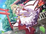  1girl architecture bell breasts brown_hair cape day east_asian_architecture from_side game_asset grin hakama hakama_pants high_heels holding holding_water_gun japanese_clothes jingle_bell kafuru_(senran_kagura) leaf looking_at_viewer low_twintails medium_breasts mikagura_uniform mystical_high_collar nontraditional_miko official_art outdoors pants red_hakama ribbon-trimmed_sleeves ribbon_trim running senran_kagura senran_kagura_new_link shrine sideboob smile smirk smug solo torii tree twintails water_drop water_gun wide_sleeves 