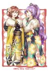  2girls commentary earrings english gloves hair_ornament happy_new_year highres japanese_clothes jewelry kaname_buccaneer kimono long_hair macross macross_delta mikumo_guynemer multiple_girls new_year purple_hair red_hair shimatani_azu short_hair 