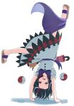  1girl absurdres black_hair bow bowtie closed_umbrella commentary_request dress handstand highres kijin_seija looking_at_viewer medium_hair multicolored_hair nimble_fabric open_mouth orb purple_bow purple_bowtie red_eyes red_streaks sandals simple_background smile solo streaked_hair toes touhou umbrella upside-down uri_(idc9nvuwtp83298) white_background white_dress white_streaks yin_yang yin_yang_orb 