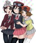  3boys :d baseball_cap beanie black_hair black_necktie black_pantyhose black_skirt black_thighhighs brown_eyes brown_hair calem_(pokemon) commentary_request cosplay crossdressing crossdressing_(mtf) eyewear_on_head grey_eyes grey_hat grey_neckerchief grey_sailor_collar grey_shirt grey_skirt grin hat highres hilbert_(pokemon) jacket lapels lass_(pokemon) lass_(pokemon)_(cosplay) lass_(pokemon_bw) lass_(pokemon_swsh) lass_(pokemon_xy) male_focus multiple_boys neck_ribbon neckerchief necktie notched_lapels one_eye_closed open_mouth pantyhose pink_ribbon pink_skirt pokemon pokemon_black_and_white pokemon_sword_and_shield pokemon_x_and_y red_hat red_jacket ribbon sailor_collar sana_(37pisana) shirt short_necktie short_sleeves skirt smile thighhighs thighs victor_(pokemon) white_thighhighs wing_collar yellow_shirt 