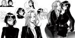  2girls alien_stage blush bridal_veil collared_shirt commentary english_commentary english_text glasses greyscale hand_on_another's_chin hawk_till highres jacket long_hair long_sleeves mizi_(alien_stage) monochrome multiple_girls official_alternate_costume shirt short_hair sketch sua_(alien_stage) suit_jacket turtleneck turtleneck_shirt veil yuri 