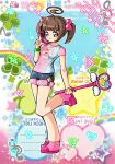  1girl 2000s_(style) :3 absurdres ahoge berrie_(mezzo_piano) blue_background blue_shirt blue_shorts bracelet breasts brown_eyes brown_hair cellphone closed_mouth clover colorful denim denim_shorts faux_retro_artstyle flip_phone four-leaf_clover full_body hair_bobbles hair_ornament heart heart_wand heisei heisei_retro highres holding holding_phone holding_wand imoutomagical jewelry leg_up mezzo_piano musical_note original phone pink_shirt pink_shoes pink_sleeves polka_dot polka_dot_shirt polka_dot_sleeves rainbow shirt shoes short_hair short_sleeves short_twintails shorts small_breasts smile sneakers solo sparkle spoken_musical_note star_(symbol) twintails two-tone_shirt wand 
