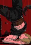  1boy belt black_pants black_tank_top blonde_hair braid braided_ponytail brown_belt chalian105 curtained_hair edward_elric fullmetal_alchemist male_focus pants parted_lips red_background solo tank_top teeth upside-down yellow_eyes 