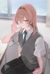  1boy absurdres aqua_eyes aqua_necktie black_pants blurry blurry_background brown_hair chair collared_shirt commentary_request crossed_bangs desk glasses grey_sweater_vest hair_between_eyes hair_intakes highres looking_at_viewer male_focus necktie on_chair original pants school_desk school_uniform shirt short_sleeves shun_en sitting smile sweater_vest trap white_shirt zurui_ninjin 