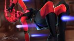  1girl alien black_boots black_gloves blurry blurry_background boots colored_skin dated depth_of_field fingerless_gloves gloves highres laser lekku_(anatomy) purple_eyes red_skin signature star_wars terrible-ant7609 twi'lek 
