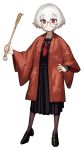  1girl backscratcher black_serafuku black_shoes black_skirt bouhuman full_body glasses hair_between_eyes hand_on_own_hip haori highres holding holding_backscratcher japanese_clothes loafers long_skirt long_sleeves looking_at_viewer neckerchief original pantyhose pleated_skirt red_eyes red_neckerchief round_eyewear school_uniform serafuku shoes short_hair simple_background skirt solo standing white_background white_hair 