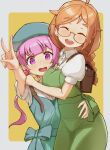  2girls :d ^_^ abigail_dovely ahoge backpack bag beret blunt_bangs blush bouhuman braid breasts brown_bag brown_hair character_request closed_eyes cross cross_necklace dress glasses green_dress hat highres hug indie_virtual_youtuber jewelry large_breasts long_hair looking_at_viewer multiple_girls necklace open_mouth orange_hair pink_eyes pink_hair puffy_short_sleeves puffy_sleeves purple_hair shirt short_sleeves smile teeth twintails upper_teeth_only v virtual_youtuber white_shirt yellow_background 