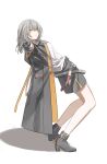  1girl absurdres black_boots black_coat black_gloves black_skirt boots bu_bai_(wres2744) chinese_commentary coat commentary_request full_body gloves grey_hair high_heel_boots high_heels highres honkai:_star_rail honkai_(series) jojo_pose kujo_jotaro's_pose long_sleeves looking_at_viewer medium_hair navel open_clothes open_coat parted_lips shadow shirt simple_background skirt solo standing stelle_(honkai:_star_rail) trailblazer_(honkai:_star_rail) white_background white_shirt yellow_eyes 