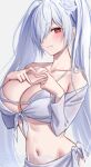  1girl bare_shoulders bikini blush breasts cinderella_(crystal_wave)_(nikke) cinderella_(nikke) cleavage closed_mouth collarbone flower four-finger_heart_hands goddess_of_victory:_nikke hair_flower hair_ornament hair_over_one_eye heart heart_hands highres large_breasts long_hair long_sleeves looking_at_viewer navel official_alternate_costume red_eyes sarong shirt simple_background solo stomach swimsuit twintails white_bikini white_hair white_sarong white_shirt yorugami_rei 