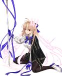  1girl absurdres archetype_earth archetype_earth_(celebratory_attire) archetype_earth_(third_ascension) arcueid_brunestud black_capelet black_ribbon black_shorts blonde_hair blue_bow blue_gloves blue_notuki blue_ribbon bow bowtie breasts brown_pantyhose capelet commentary_request fate/grand_order fate_(series) gloves glowing glowing_hair gold_trim gradient_hair hair_bow high_heels highres large_breasts long_hair long_sleeves looking_at_viewer multicolored_hair pantyhose red_eyes ribbon shirt shorts sitting solo sword very_long_hair weapon white_shirt 