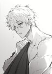  1boy blue_lock chuma_a_a closed_mouth commentary_request grey_background greyscale highres looking_at_viewer male_focus monochrome nagi_seishirou shirt short_hair simple_background solo teeth undressing upper_body 