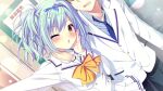  1boy 1girl :o badge black_pants blue_hair blue_necktie blue_shirt bow bowtie button_badge buttons collarbone da_capo da_capo_iv double-breasted dutch_angle faceless faceless_male game_asset hair_ornament hand_on_own_cheek hand_on_own_face highres hinohara_chiyoko indoors jacket lapels long_sleeves looking_at_viewer loose_necktie miniskirt necktie non-web_source official_art one_eye_closed open_collar open_mouth pants pleated_skirt sailor_collar school_uniform selfie serafuku shirt short_hair side-by-side side_ponytail skirt standing striped_clothes tanihara_natsuki tokisaka_ichito white_jacket white_shirt white_skirt yellow_bow yellow_bowtie yellow_eyes 
