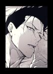  2boys absurdres barou_shouei bite_mark bite_mark_on_hand black_border blue_lock blush border chuma_a_a commentary_request greyscale highres looking_at_viewer male_focus monochrome multiple_boys nagi_seishirou open_mouth short_hair solo_focus sweat 