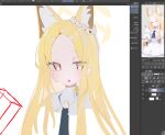  1girl animal_ear_fluff animal_ears bird blonde_hair blue_archive blush bow detached_sleeves dress flower forehead fox_ears halo highres long_hair looking_at_viewer mamyu_040 necktie parted_bangs seia_(blue_archive) short_necktie simple_background sketch sleeves_past_fingers sleeves_past_wrists solo triangle_mouth white_background white_bird white_dress yellow_bow yellow_eyes yellow_halo 